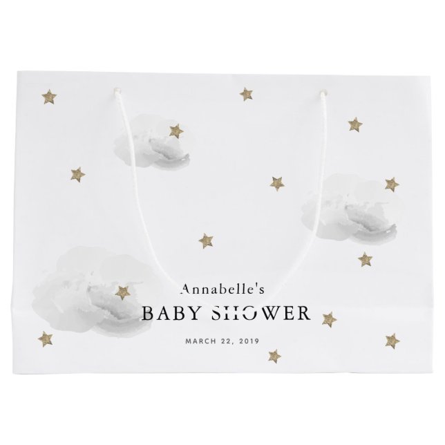 Twinkle Gold Stars & Grey Clouds Baby Shower Large Gift Bag (Back)