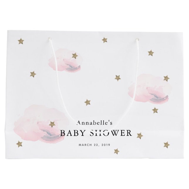 Twinkle Gold Stars & Pink Clouds Baby Shower Large Gift Bag (Back)