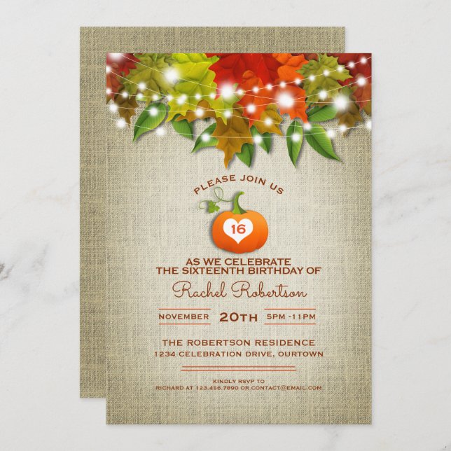 Twinkle Lights Autumn Burlap Sweet 16 Party Invitation (Front/Back)