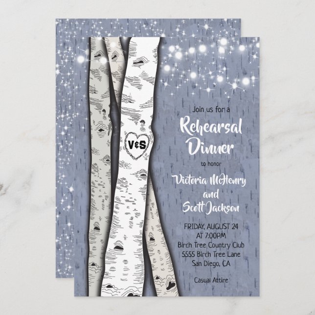 Twinkle lights Birch Tree Rehearsal Dinner Invites (Front/Back)