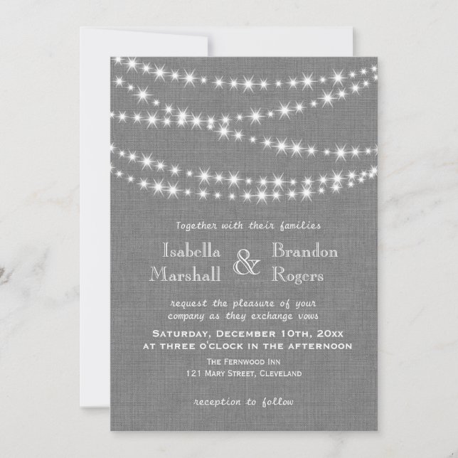 Twinkle Lights on Grey Burlap Wedding Invitation (Front)
