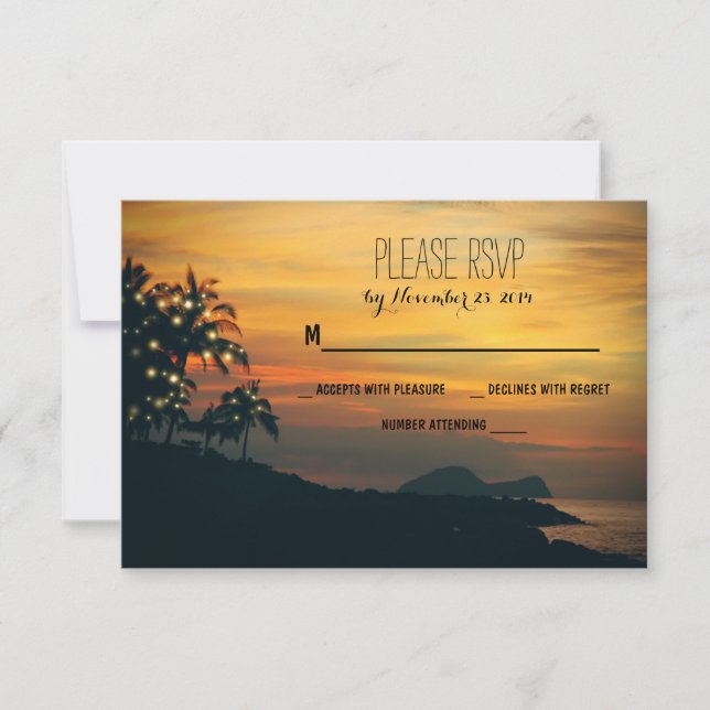 twinkle lights palms beach wedding RSVP cards (Front)
