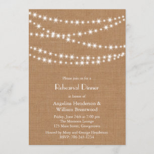 Twinkle Lights Rehearsal Dinner Invite on Burlap