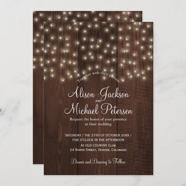 Twinkle lights rustic autumn barn wood wedding invitation (Front/Back)