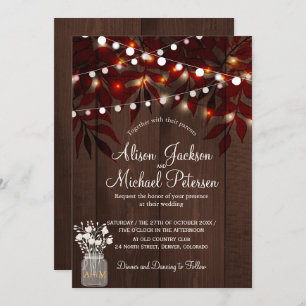 Twinkle lights rustic autumn leaves barn wedding invitation