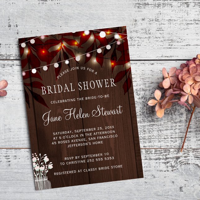 Twinkle lights rustic fall leaves bridal shower invitation (Creator Uploaded)