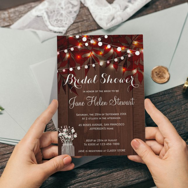 Twinkle lights rustic fall leaves bridal shower invitation (Creator Uploaded)