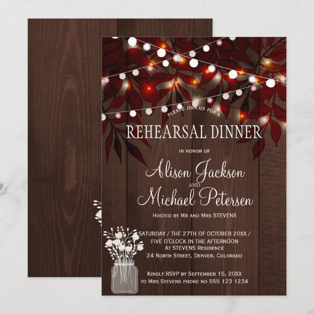 Twinkle lights rustic fall leaves rehearsal dinner invitation (Front/Back)