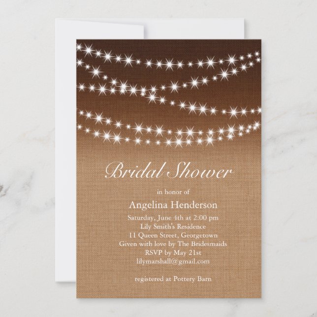 Twinkle Lights Shower Invitation on Shaded Burlap (Front)