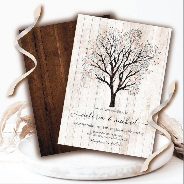 Twinkle Lights Tree with Rustic Wood Wedding Invitation (Creator Uploaded)
