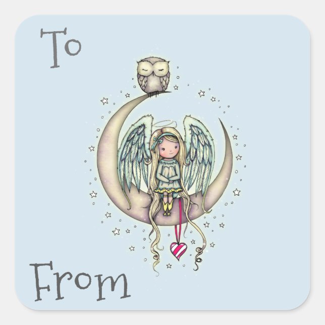 Twinkle Little Angel and Owl Illustrated Art Square Sticker (Front)