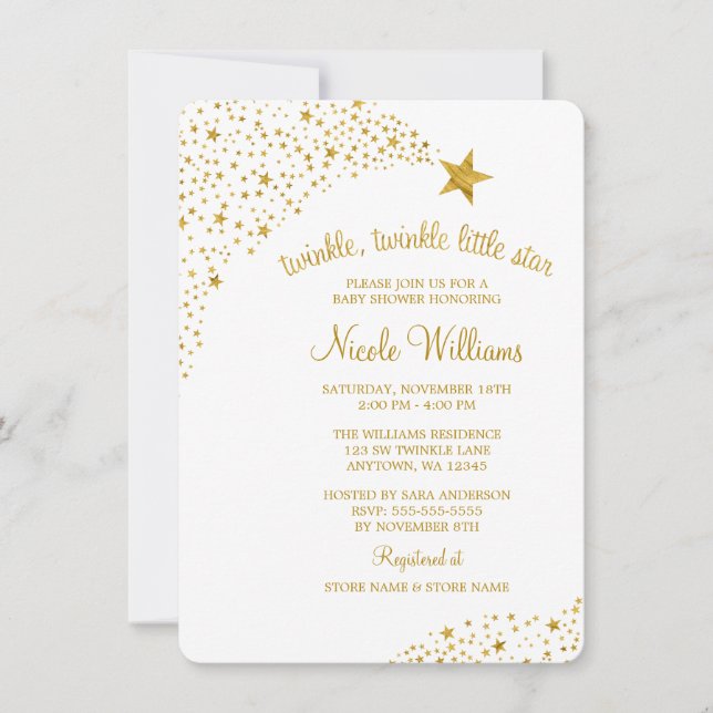 Twinkle Little Shooting Star Faux Gold Baby Shower Invitation (Front)