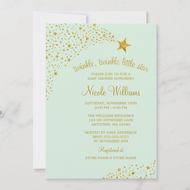 Twinkle Little Shooting Star Gold Mint Baby Shower Invitation (Front)