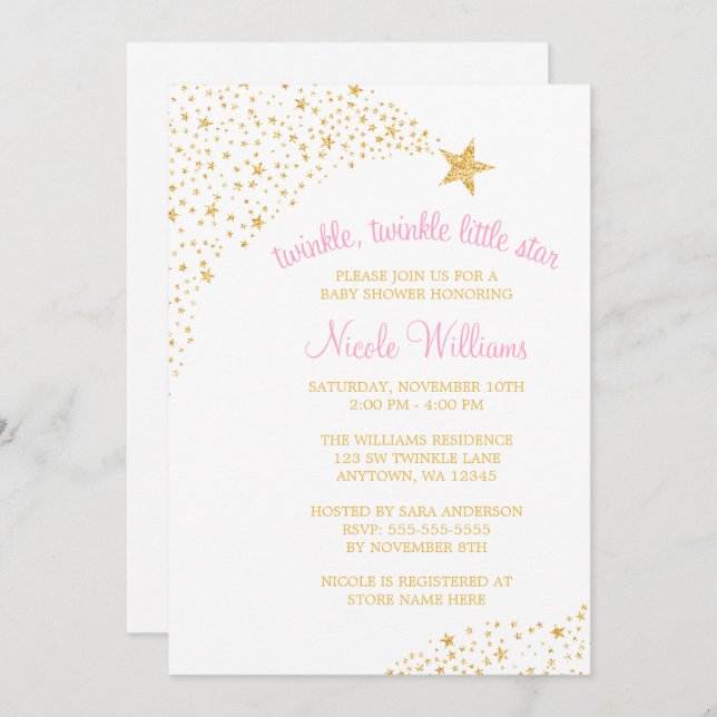 Twinkle Little Shooting Star Gold Pink Baby Shower Invitation (Front/Back)