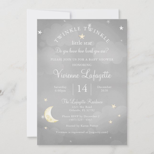 Twinkle Little Star and Moon Grey Baby Shower Invitation (Front)