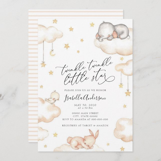 Twinkle Little Star Animals Neutral Baby Shower Invitation (Front/Back)