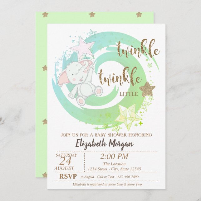 Twinkle Little Star,Baby Bear Green Baby Shower Invitation (Front/Back)