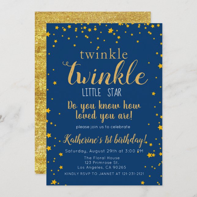 Twinkle Little Star Baby Blue & Gold 1st Birthday Invitation (Front/Back)