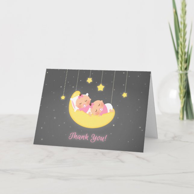 Twinkle Little Star Baby Girl Twins Thank You Card (Front)