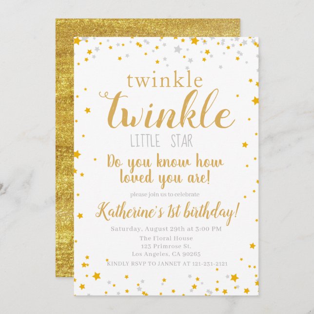 Twinkle Little Star Baby Gold Girls Birthday Invitation (Front/Back)
