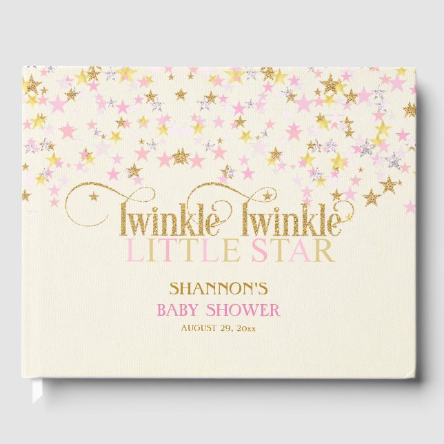 Twinkle Little Star Baby Gold Pink Creme Girl Guest Book (Front)