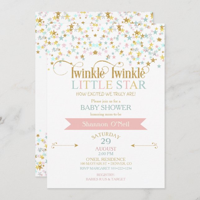 Twinkle Little Star Baby Shower Any Colour Invitation (Front/Back)