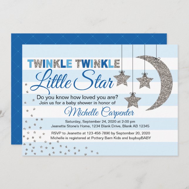 twinkle little star baby shower invitation for boy (Front/Back)