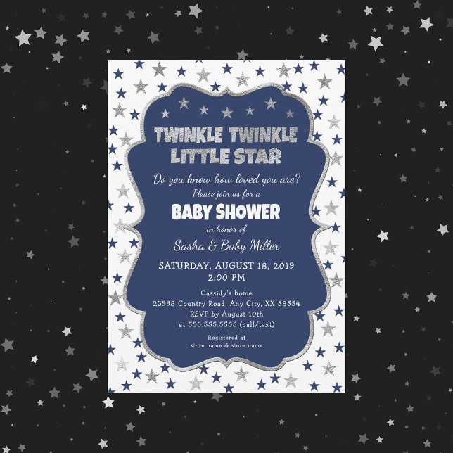 Twinkle Little Star Baby Shower navy silver invite (Creator Uploaded)