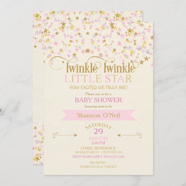 Twinkle Little Star Baby Shower Pink Gold Creme Invitation (Front/Back)
