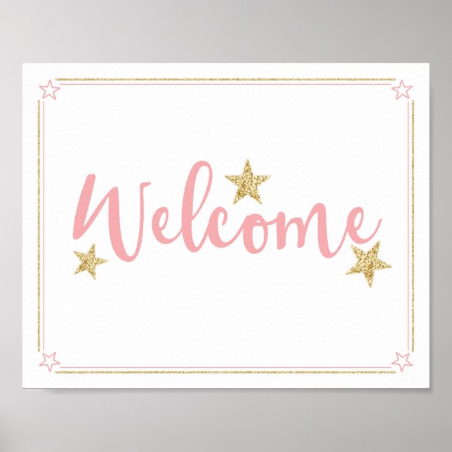 Twinkle Little Star Baby Shower Welcome Pink Gold Poster (Front)