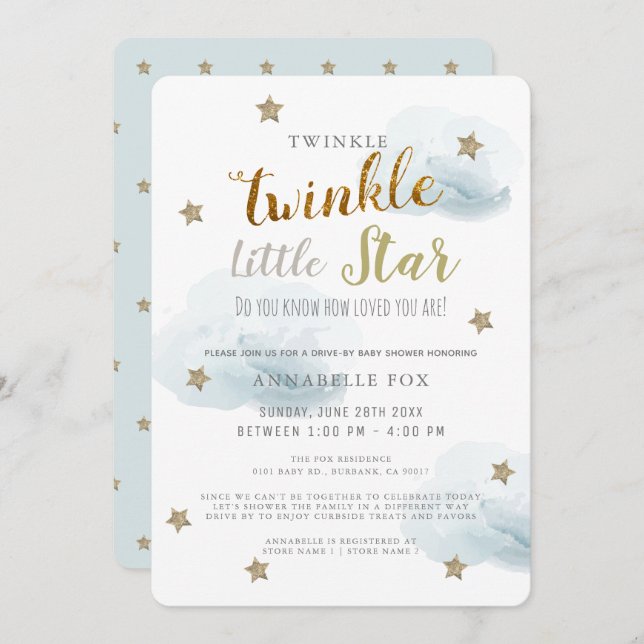 Twinkle Little Star Blue Boy Drive-by Baby Shower Invitation (Front/Back)