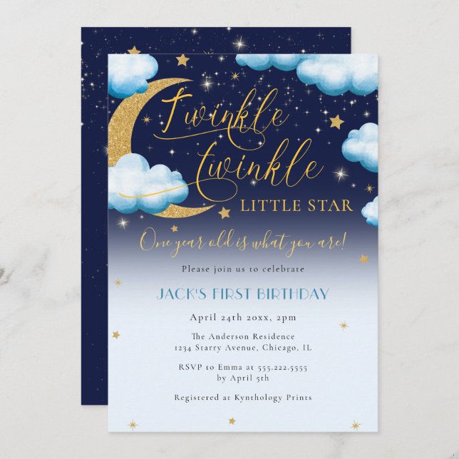 Twinkle Little Star Blue Boy First Birthday Invitation (Front/Back)