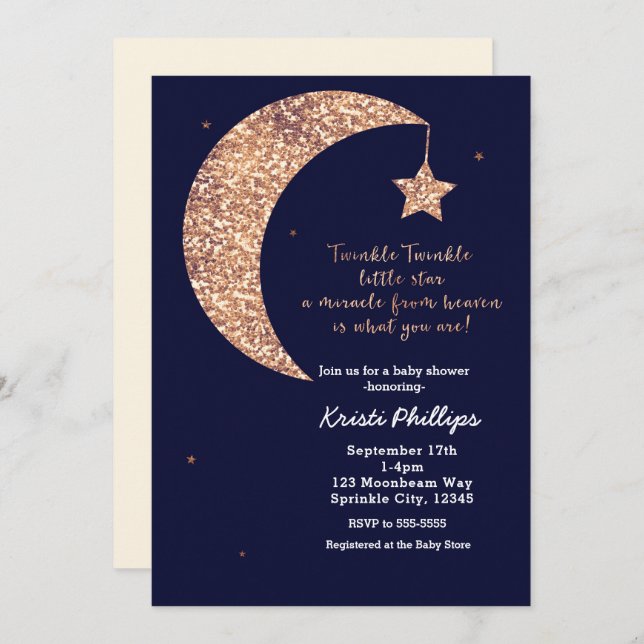 Twinkle Little Star Blue Bronze Moon Baby Shower Invitation (Front/Back)