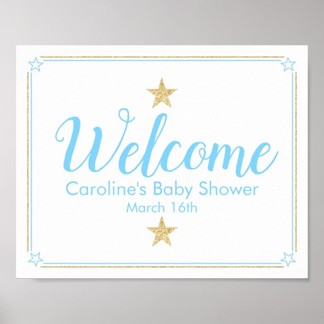 Twinkle Little Star Blue Gold Baby Shower Welcome Poster (Front)