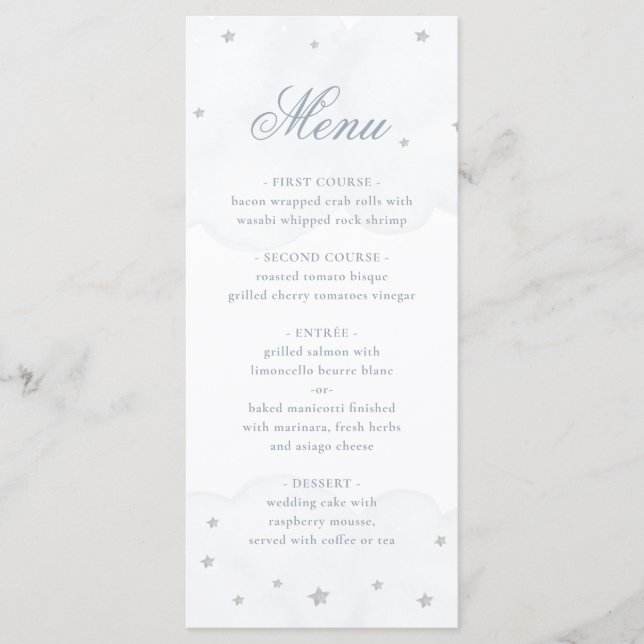 Twinkle Little Star Blue Grey Elegant Baby Shower Menu (Front)
