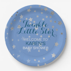 Twinkle Little Star Blue Silver Stars Baby Shower Paper Plate