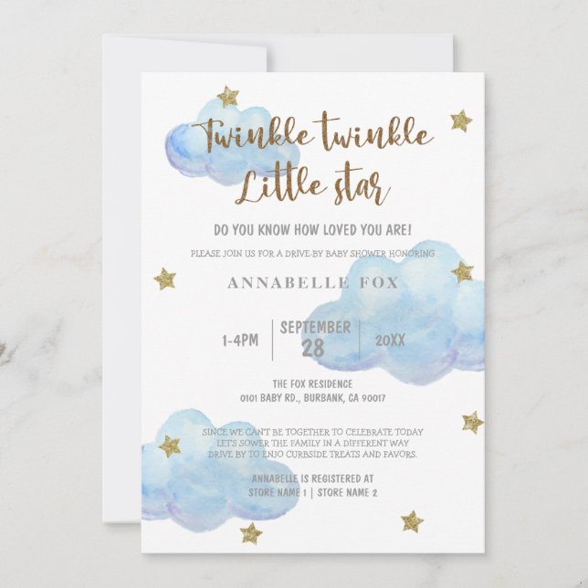 Twinkle Little Star Blue Watercolor Baby Shower In Invitation (Front)