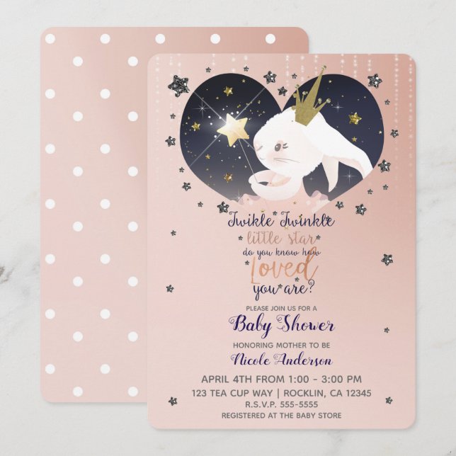 Twinkle Little Star Bunny Rabbit Peach Baby Shower Invitation (Front/Back)