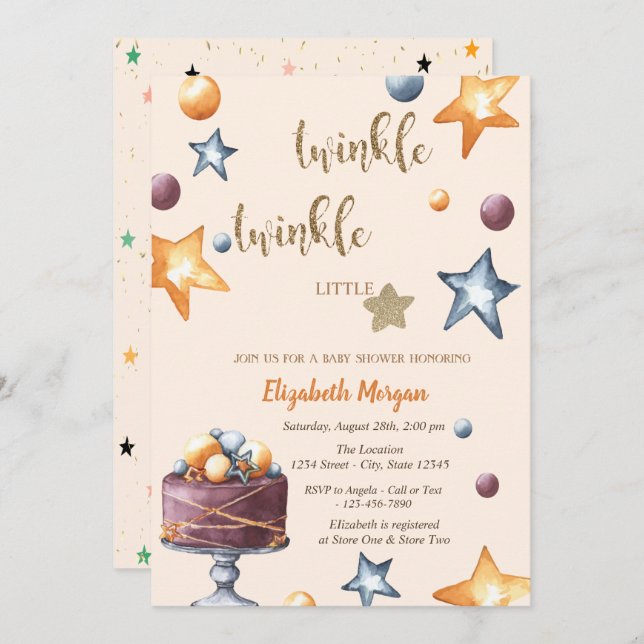 Twinkle Little Star Cake Stars Baby Shower Invitation (Front/Back)