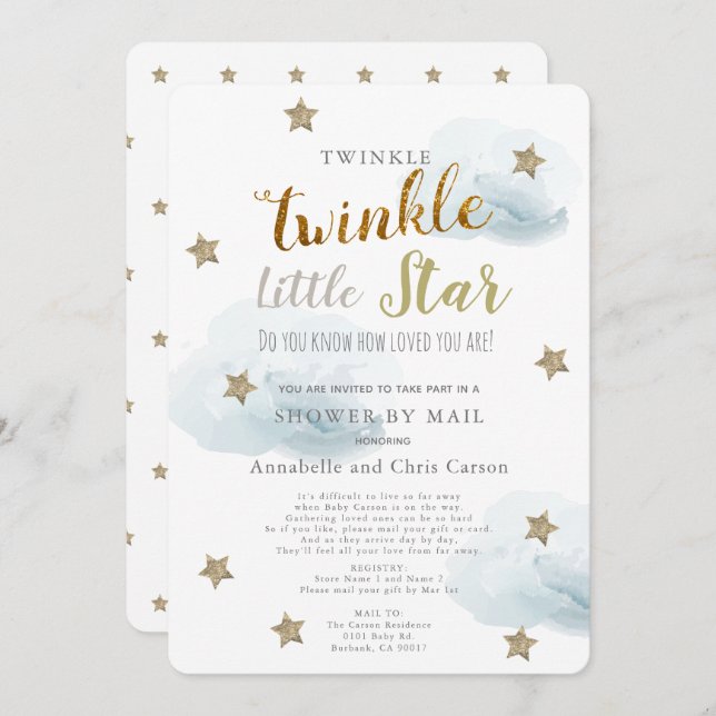 Twinkle Little Star & Cloud Baby Shower By Mail Invitation (Front/Back)