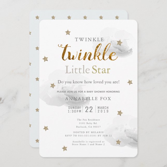 Twinkle Little Star & Cloud Baby Shower Invitation (Front/Back)
