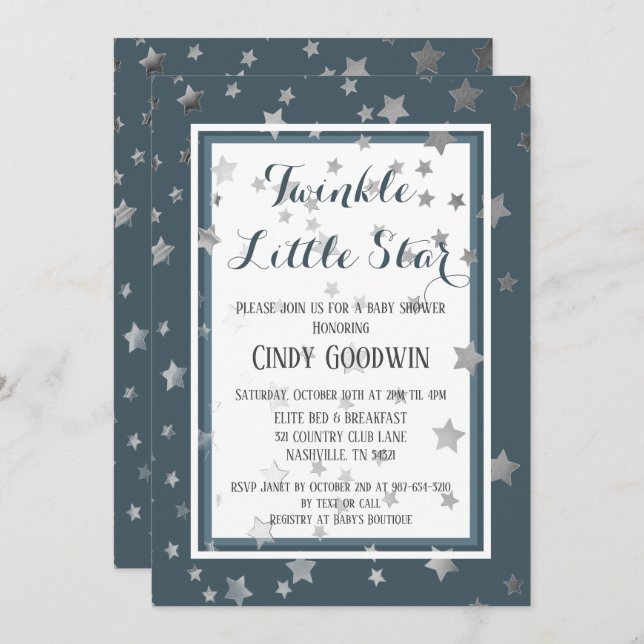 Twinkle Little Star Dusty Blue Boy Baby Shower Invitation (Front/Back)