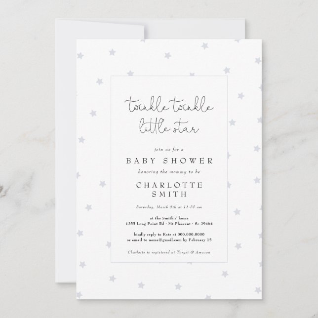 Twinkle Little Star Dusty Blue Elegant Baby Shower Invitation (Front)