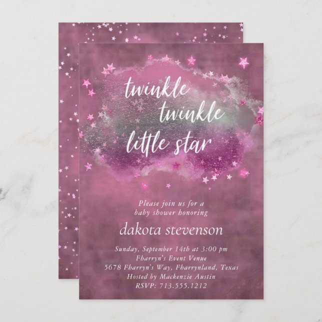 Twinkle Little Star | Dusty Mauve Pink Silver Grey Invitation (Front/Back)