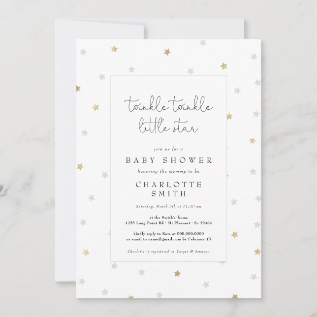Twinkle Little Star  Elegant Baby Shower Grey Gold Invitation (Front)