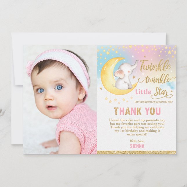 Twinkle Little Star Elephant 1st Birthday Party Thank You Card (Front)