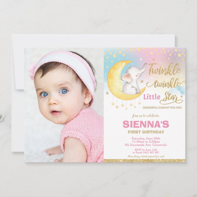 Twinkle Little Star Elephant 1st Birthday Photo Invitation (Front)