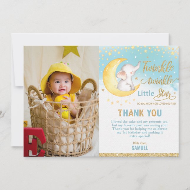 Twinkle Little Star Elephant Birthday Party Boy Thank You Card (Front)