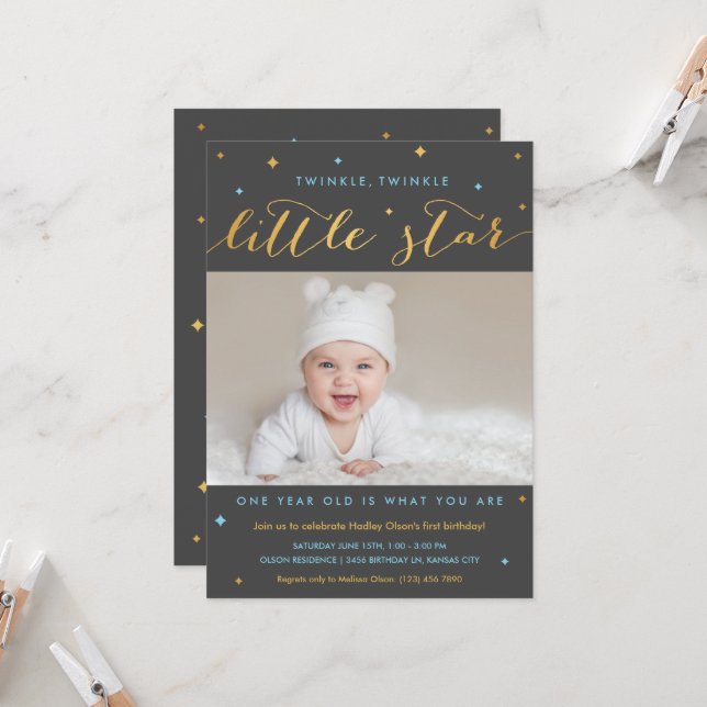 Twinkle Little Star First Birthday Invitation Boy (Front/Back In Situ)