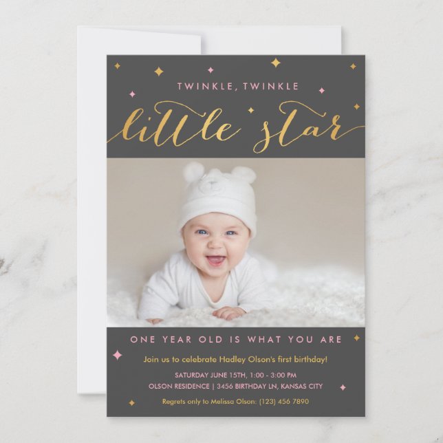 Twinkle Little Star First Birthday Invitation Girl (Front)